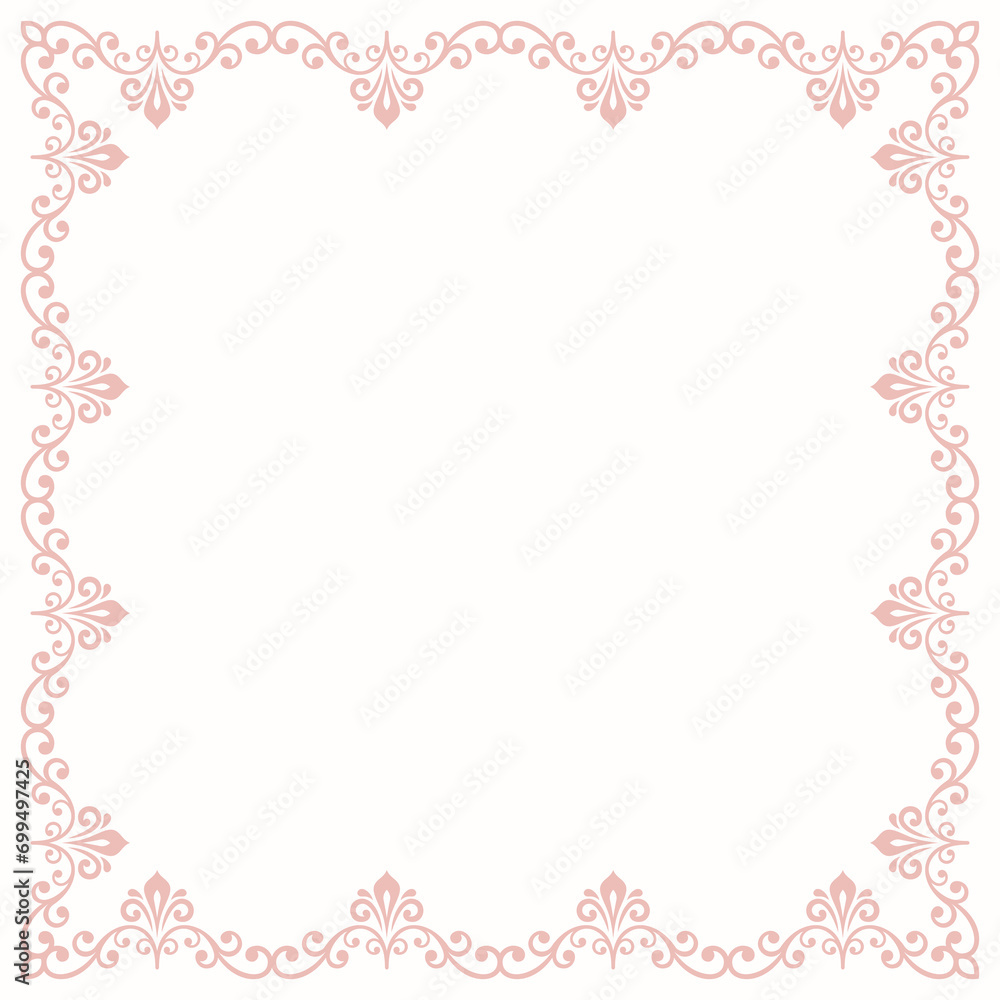 Classic pink vintage square frame with arabesques and orient elements. Abstract ornament with place for text. Vintage pattern