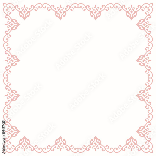 Classic pink vintage square frame with arabesques and orient elements. Abstract ornament with place for text. Vintage pattern
