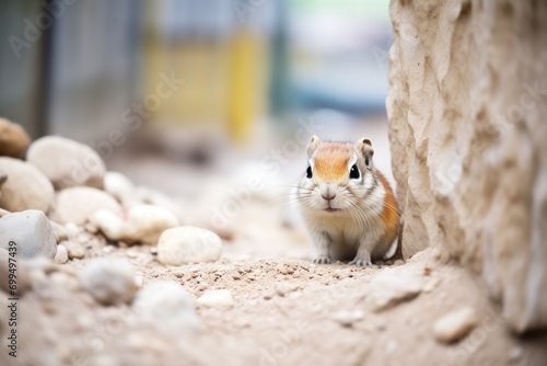 gerbil burrowing near a rocky shelter