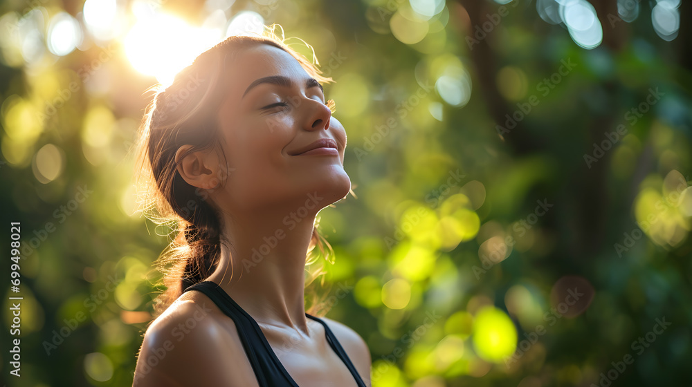 Portrait of beautiful young woman with closed eyes relaxing and breathing fresh air at outdoors park in the morning, Healthy wellness, Healthcare lifestyle, Life balance Concept - obrazy, fototapety, plakaty 