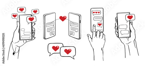 Love messages and Likes on phones set. Social Media elements for Web, Advertisement, Promotion, Marketing, Internet, App, SMM, CEO. Hand holding phone with love or like  messages, Happy Valentines day