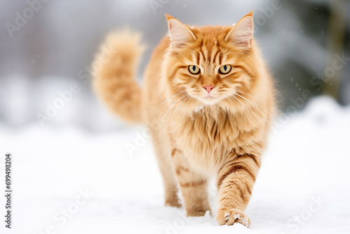 Red cat walks gracefully through snowy meadow against forest. Calm cat moves with certain poise among tranquil winter landscape alone