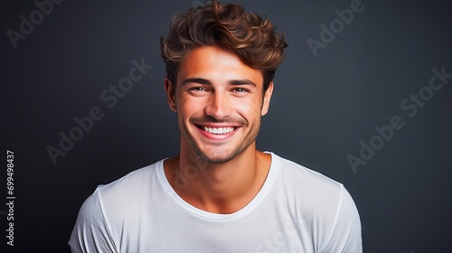Portrait of a happy young man with perfect teeth smiling on a grey background. Dental care and hygiene concept.