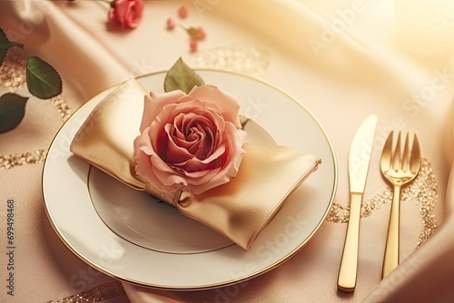 An elegant table decorated with romantic flowers, cutlery and festive decorations for a special occasion.