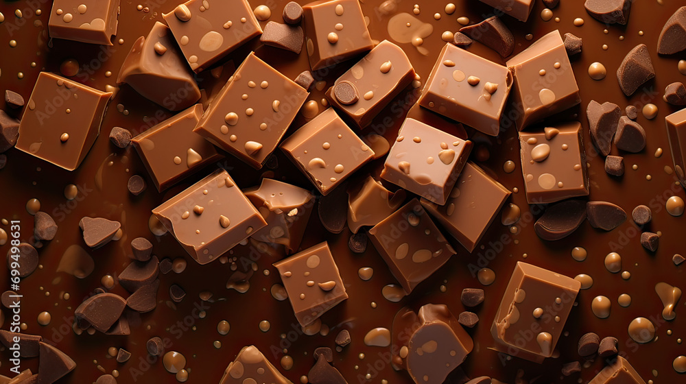 A playful milk chocolate background with chocolate chunks and chips scattered across, giving a sense of fun and sweetness Ai Generative - obrazy, fototapety, plakaty 