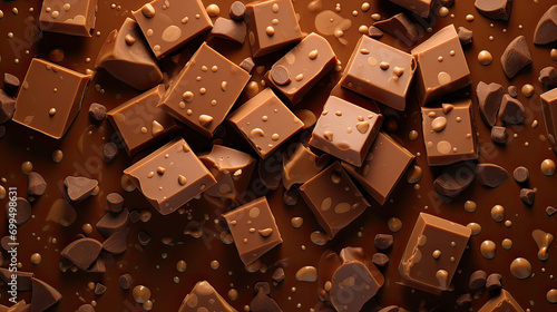 A playful milk chocolate background with chocolate chunks and chips scattered across, giving a sense of fun and sweetness Ai Generative