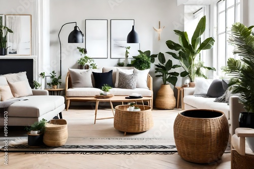Scandinavian-inspired home interior, specifically focusing on a bright living room with exquisite design elements.