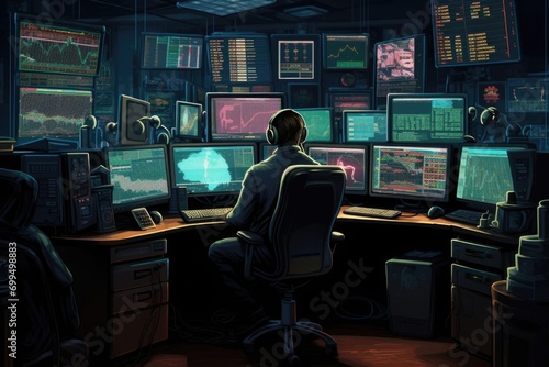 Trading. A trader sits at a computer. Market chart. Exchange trading.  photo