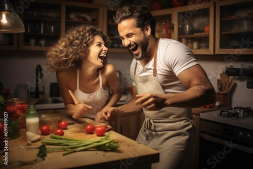 Couple having fun in the kitchen. Couple man and woman in the kitchen. 