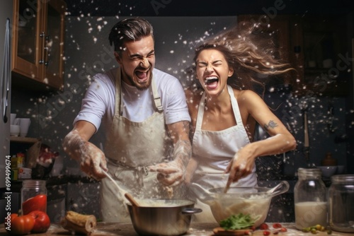Couple having fun in the kitchen. Couple man and woman in the kitchen. 