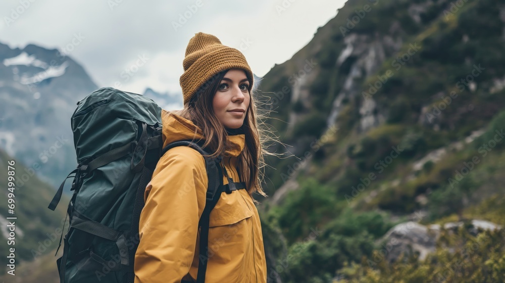 Adventurous young woman hiking in the mountains, wearing a yellow jacket and beanie, embodying the spirit of outdoor exploration and adventure travel.