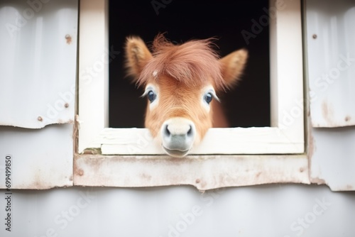 shetland pony peeking from a low stable window photo