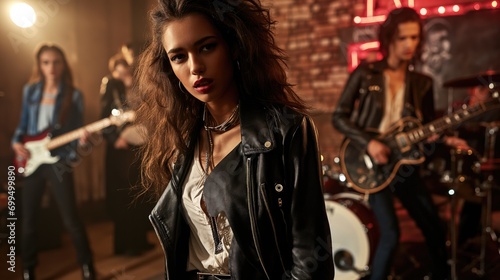 Dynamic rock band performance with a stylish female vocalist in a leather jacket, capturing the essence of live music and rock 'n' roll culture. photo