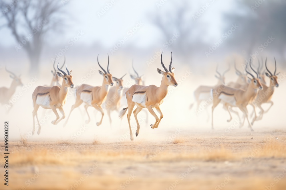 impala herd running, dust clouds rising from hooves impala herd running, dust clouds rising from hooves