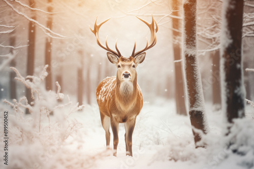 Deer stands in snow-covered forest in winter far from civilization. Reindeer symbol of Christmas and New Year in many countries around world