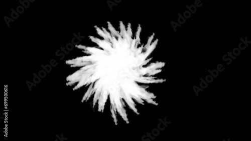 Abstract white smoke explosion swirling creating scattered form of streams. Isolated on black background alpha channel.