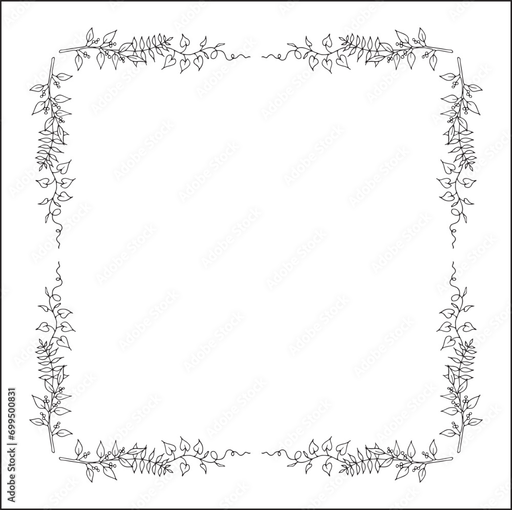 Fototapeta premium Black and white frame with tropical leaves, decorative corners for greeting cards, banners, business cards, invitations, menus. Isolated vector illustration.
