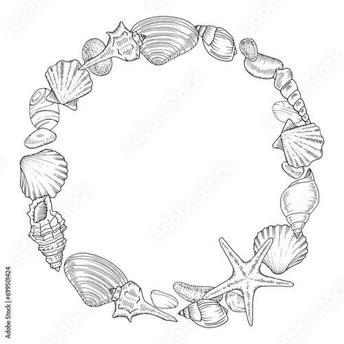 Seashell Wreath. Vector outline illustration of sea conch and starfish. Hand drawn graphic clipart of shell. Linear drawing on isolated background. Nautical frame border. Black contour line art