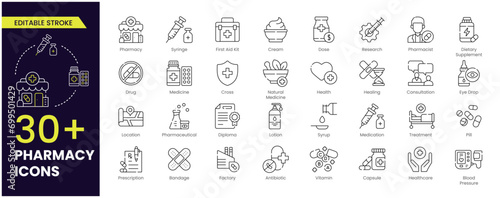 Pharmacy Stroke icon set. Medicine, bandage, medication, prescription, treatment, health, and syringe symbol. outline icons vector collection. Editable Stroke.