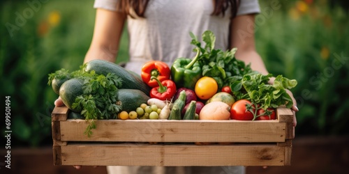 Woman presenting a wooden crate filled with vegetables in a garden, in the style of human-canvas integration, soft focus nostalgia copy space 