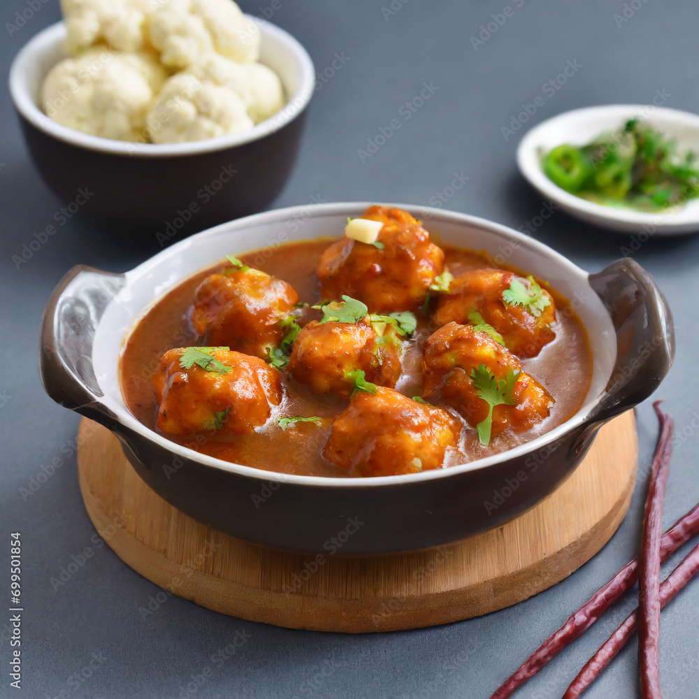 veg manchurian with gravy popular food of india made of cauliflower florets and other vegetable