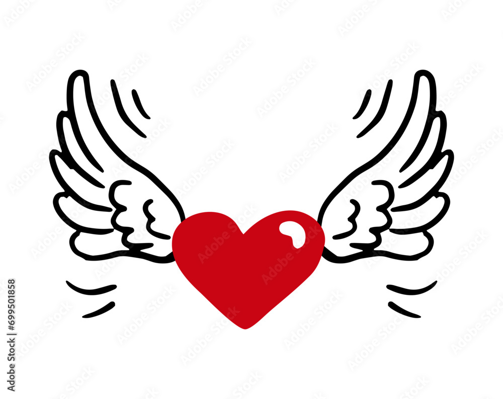 Red heart with wings vector doodle isolated. Love symbol. 14 february decoration concept. Hand drawn Valentine scetch illustration for card, poster, invitation, banner, illustration, sale design. Red heart with wings vector doodle isolated. Love symbol. 14 february decoration concept. Hand drawn Valentine scetch illustration for card, poster, invitation, banner, illustration, sale design.