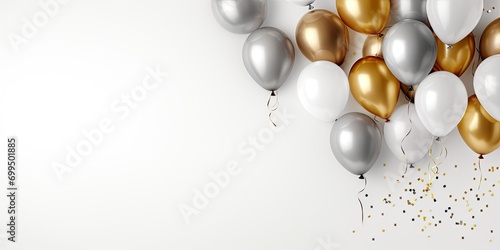 Silver-golden balloons on white background copy space 
