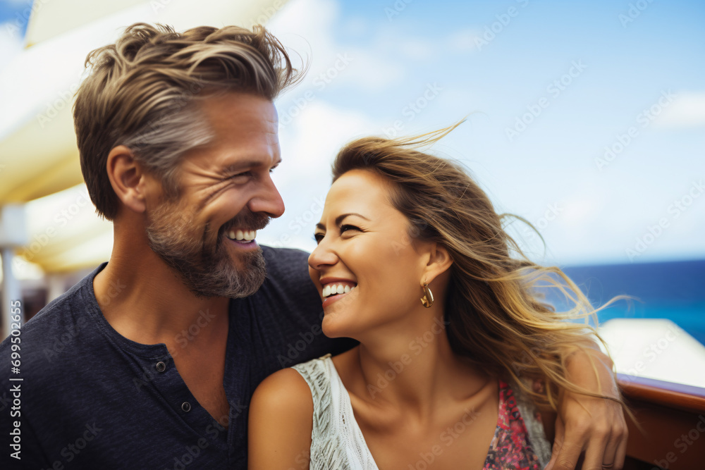 Happy Couple Laughing and Embracing on a Boat Adventure Happy Couple Laughing and Embracing on a Boat Adventure