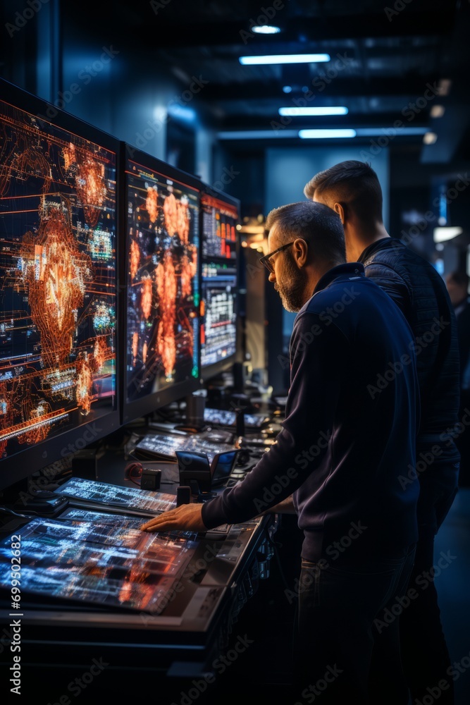 Pair of system engineers engaged in an intense discussion, surrounded by screens displaying code and cloud infrastructure, Generative AI