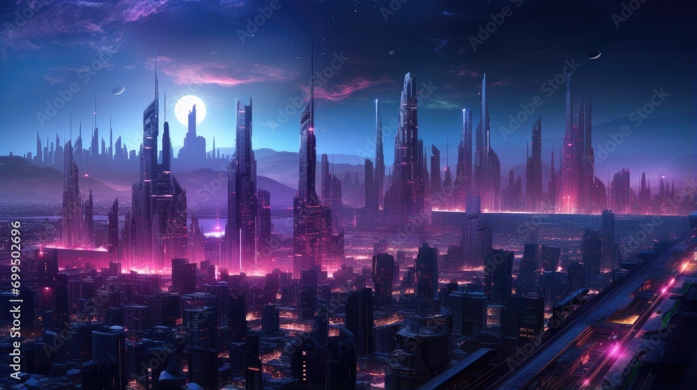 neon genesis of the urban future panoramic city view with sci-fi skyscrapers and holographic ads