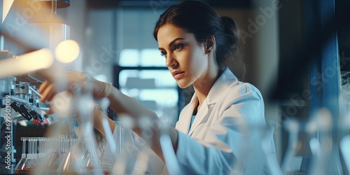 Medical Development Laboratory: Caucasian Female Scientist Looking Under Microscope, Analyzes Petri Dish Sample. Specialists Working on Medicine, Biotechnology Research in Advanced Pharma Lab 