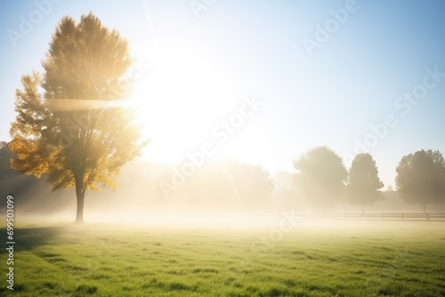 sunbeams piercing through fog in an open field