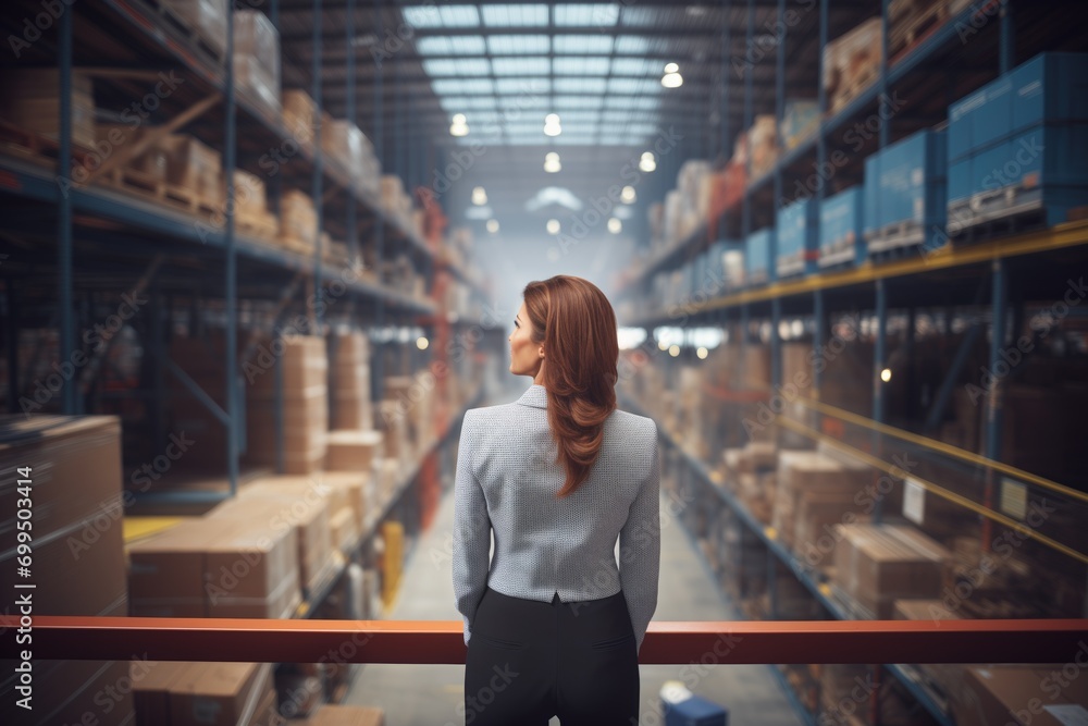 female manager overlooking operations from a warehouse catwalk