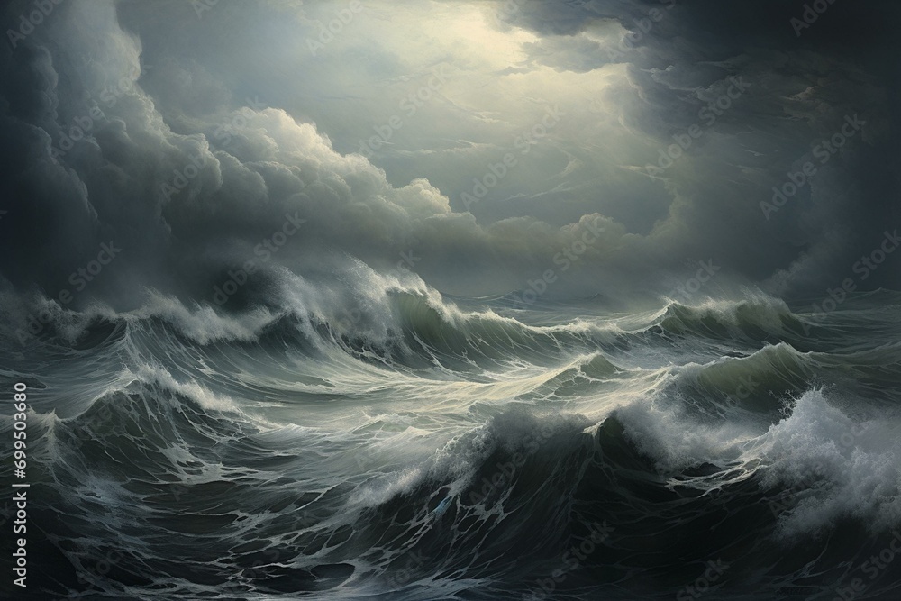 A tempestuous seascape with colossal waves and an overcast sky. Generative AI