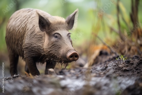 wild boar in natural mud habitat