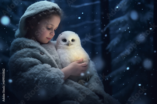 Little cute girl with a snowy owl at night