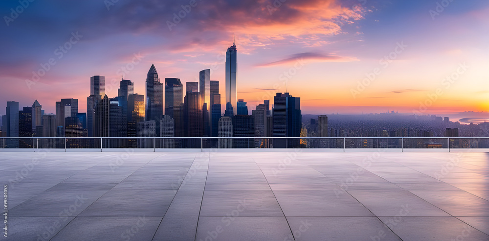 empty concrete floors blur city skyline at sunset panoramic view.