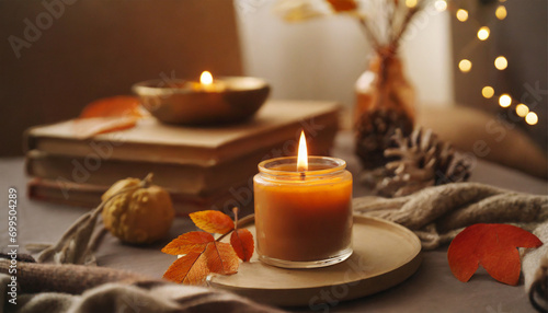 Lit Candle Enhancing Autumn Atmosphere in Home Interior