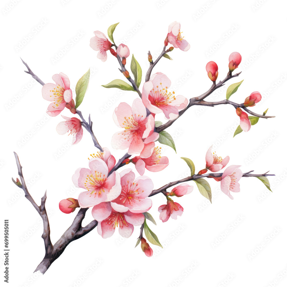Watercolor pink peach blossom branches on transparent background