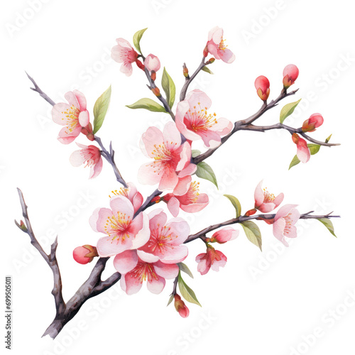 Watercolor pink peach blossom branches on transparent background