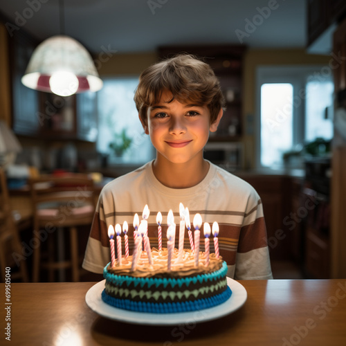 Cute little boy child celebrating birthday at home. Generative ai