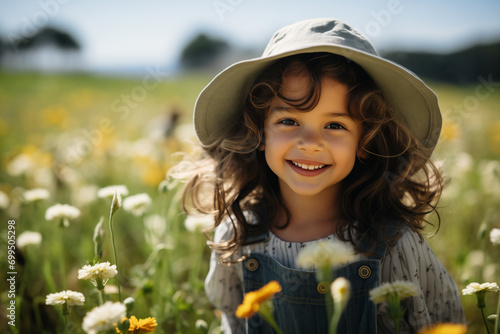 Slika na platnu Bella bambina corre felice in un prato pieno di fiori in primavera