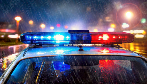 Closeup of red and blue flashing lights on top of police patrol car, in a city street at night in the rain of a thunderstorm. Generative Ai. photo