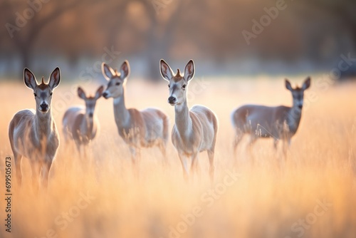 herd of roan antelopes grazing in sunlit grassland
