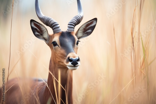 close-up of a sable antelope standing in savannah grass