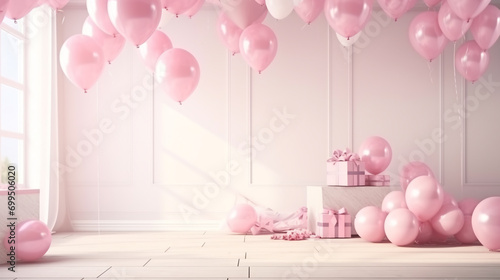 Photographic background, with pink balloons, in the wall and wooden floor.
