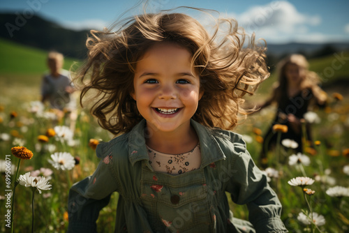 Bella bambina corre felice in un prato pieno di fiori in primavera photo