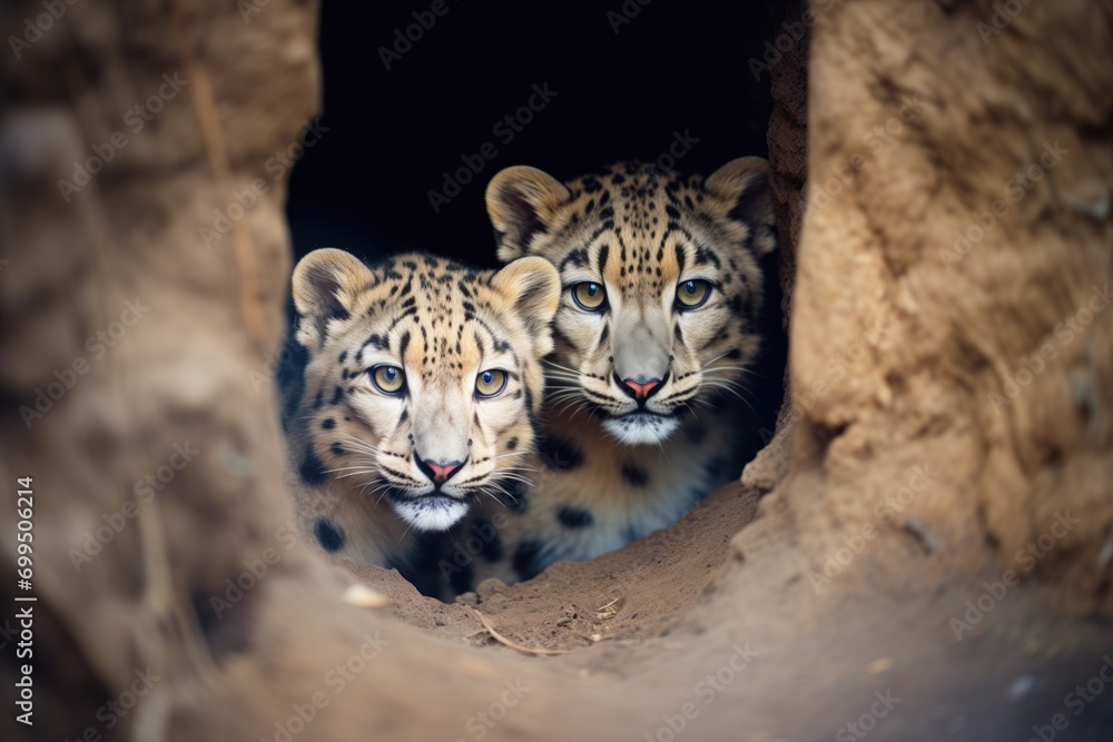 Obraz premium snow leopards piercing gaze from a cave entrance
