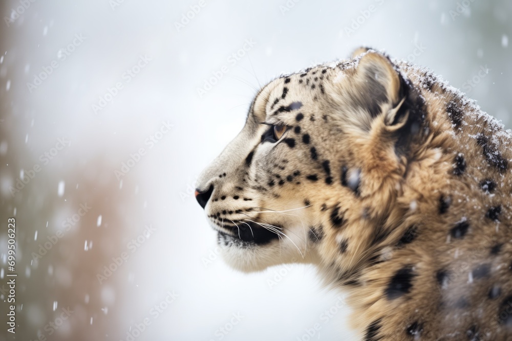 Naklejka premium profile of a snow leopard in a blizzard