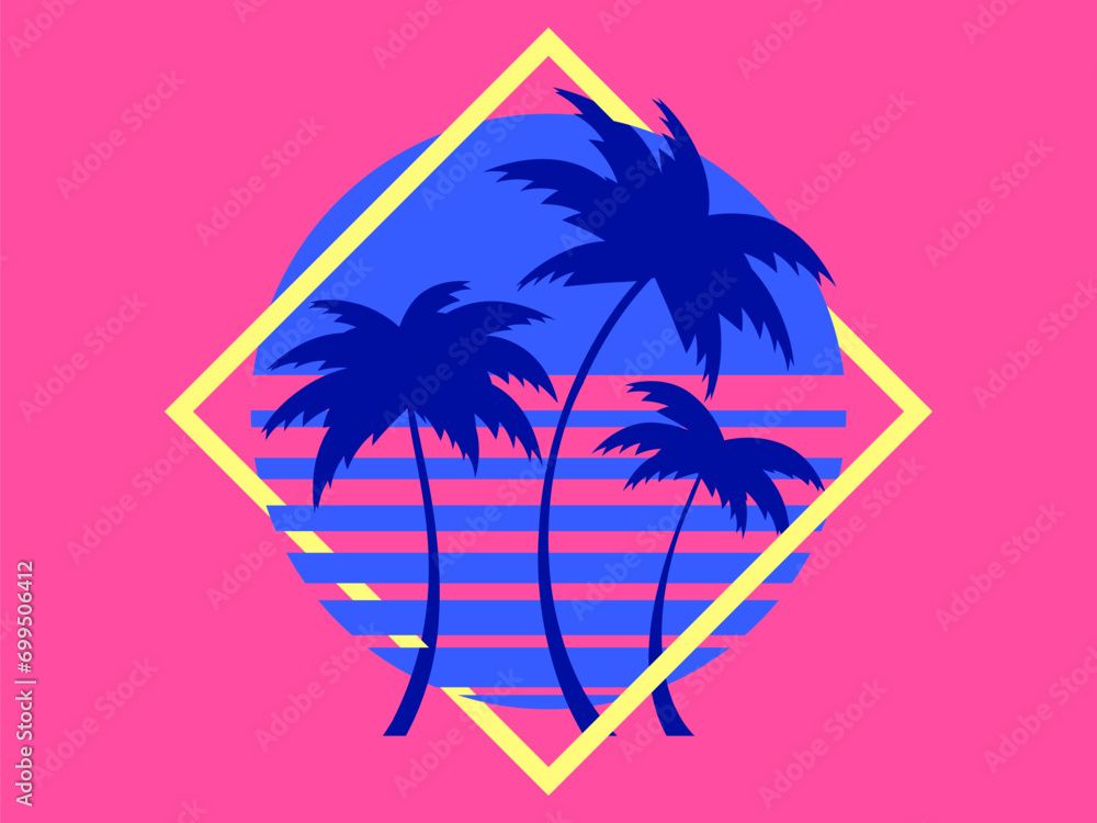 Fototapeta premium Silhouettes of palm trees at sunset in the style of the 80s in a square frame. Retro futuristic sun with palm trees in Synthwave and Retrowave style. Design of banner and poster. Vector illustration